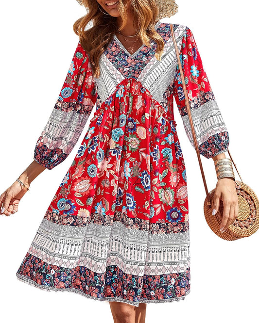 Women Casual Spring Summer Dresses V Neck 3/4 Long Sleeve Ruffle Floral Flowy Boho Babydoll Mini Short Beach Dress